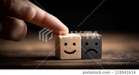 Human Hand Pointing to a Wooden Cube With Happy and Sad Face on Wooden Table - Generative Ai 128041614