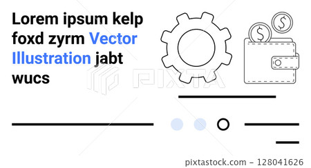 Gear, wallet with coins, minimalistic style, text elements, blue and black colors. Ideal for tech, finance, operational efficiency, payments, investments, modern design, branding Landing page 128041626