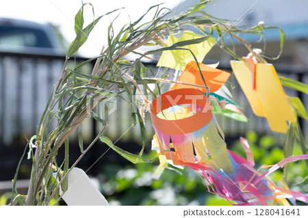 Handmade Tanabata decorations and bamboo leaves 128041641