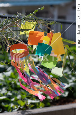 Handmade Tanabata decorations and bamboo leaves 128041643