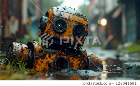 Old Rusty Broken Robot Abandoned on a Rain Soaked Street - Generative Ai 128041691