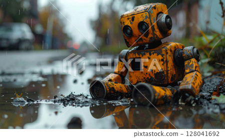 Old Rusty Broken Robot Abandoned on a Rain Soaked Street - Generative Ai 128041692