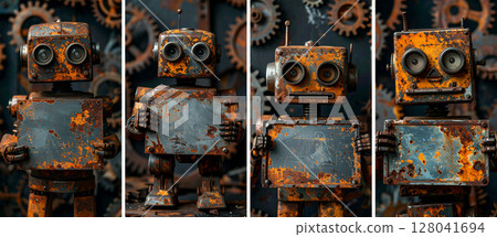 Old Rusty Robot Holding an Empty Metal Sign with Copy Space - Generative Ai 128041694