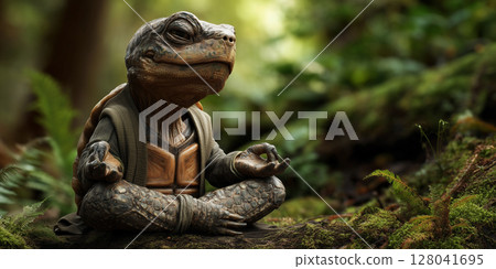 Old Turtle Practicing Meditation in Lotus Position in a Green Forest - Generative Ai 128041695