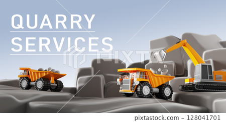 3d quarry services banner. Excavator and dumper mining on career. Cartoon landscape of heavy industrial machinery and transport works. Opencast extraction of gravel, coal or metal ore. 3D illustration 128041701