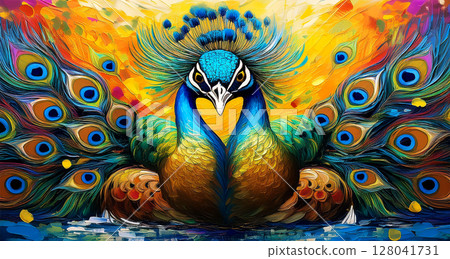 Oil Painting of a Beautiful Peacock Shows its Multicolored Tail - Generative Ai 128041731