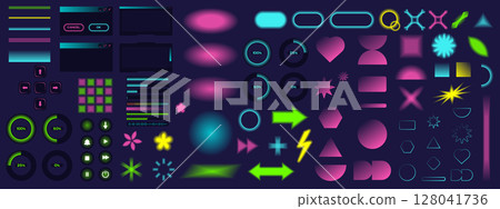 A vector set of glowing neon UI elements on a dark background. Includes buttons, progress bars, sliders, charts, interface windows, and abstract shapes. Designed in a clean, stylized cartoon style A vector set of glowing neon UI elements on a dark background. Includes buttons, progress bars, sliders, charts, interface windows, and abstract shapes. Designed in a clean, stylized cartoon style 128041736