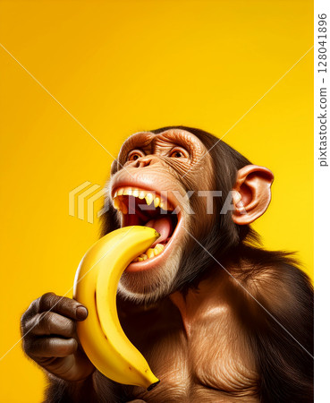 Portrait of a Happy Chimpanzee Holding a Banana While Eating it - Generative Ai 128041896