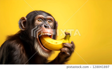 Portrait of a Happy Chimpanzee Holding a Banana While Eating it - Generative Ai Portrait of a Happy Chimpanzee Holding a Banana While Eating it - Generative Ai 128041897
