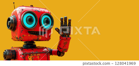 Red Robot with Big Blue Eyes Waving with One Hand on Yellow Background - Generative Ai 128041969