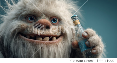 Portrait of the Bigfoot Sasquatch or Yeti Holding a Bottle of Ice-Cold Drink - Generative Ai Portrait of the Bigfoot Sasquatch or Yeti Holding a Bottle of Ice-Cold Drink - Generative Ai 128041990