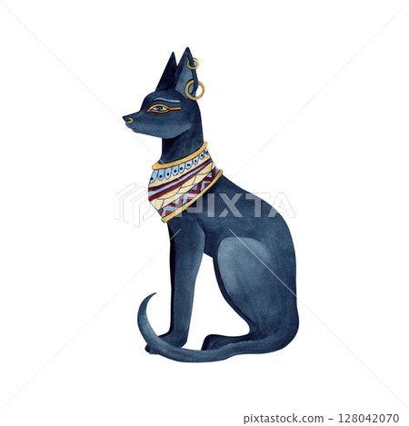 Bastet Egyptian goddess, religion icon. Ancient symbol. Black cat with Jewelry. Watercolor illustration isolated on white. Culture concept for textile, souvenir products, patterns and ornament design 128042070