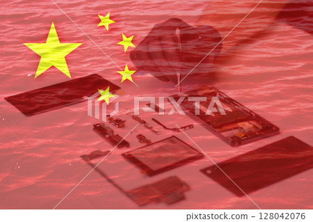 A Chinese flag draped over a smartphone, with glowing electronics chips visible, symbolizing the concept of a semiconductor war and China advancements in AI and chip technology 128042076