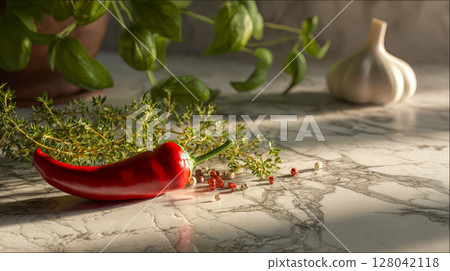 Hot red chili pepper on marble countertop in kitchen near herbs and garlic 128042118