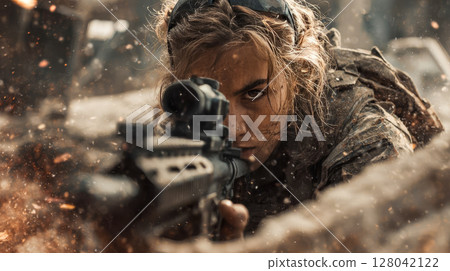 Woman at war aiming rifle from behind barricade, intense look, chaos on battlefield 128042122