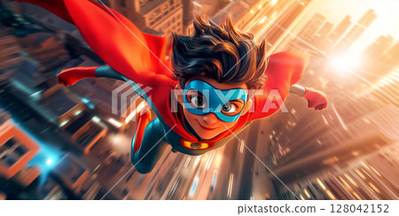 Superhero with Blue Mask and Red Cape while Flying Over a City - Generative Ai 128042152