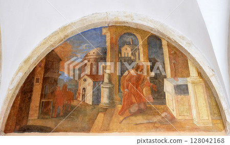 The frescoes with scenes from the life of St. Francis of Assisi, cloister of the Franciscan monastery of the Friars Minor in Dubrovnik, Croatia The frescoes with scenes from the life of St. Francis of Assisi, cloister of the Franciscan monastery of the Friars Minor in Dubrovnik, Croatia 128042168