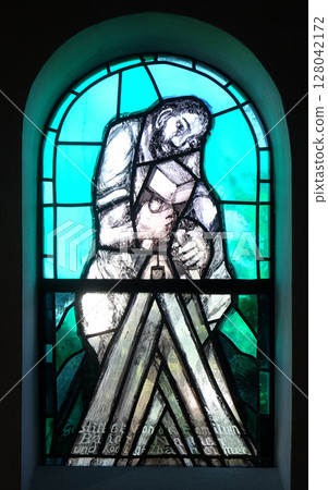 Saint Joseph, stained glass window by Sieger Koder in chapel in Hinterbrand, Germany 128042172