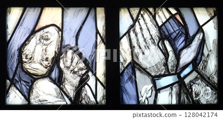 History of salvation - detail, stained glass window by Sieger Koder in church of Saint Bartholomew in Leutershausen, Germany History of salvation - detail, stained glass window by Sieger Koder in church of Saint Bartholomew in Leutershausen, Germany 128042174