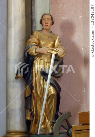 Saint Catherine of Alexandria, statue on the Saint Elizabeth altar in the Church of the Three Kings in Komin, Croatia Saint Catherine of Alexandria, statue on the Saint Elizabeth altar in the Church of the Three Kings in Komin, Croatia 128042197