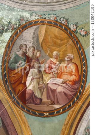 His name is John, Birth of Saint John the Baptist, fresco on the ceiling of the Saint John the Baptist church in Zagreb, Croatia 128042199