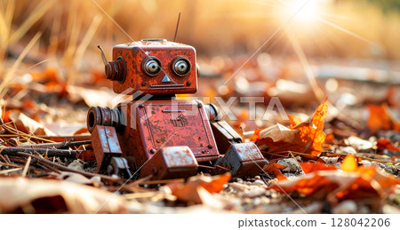 Small Abandoned Rusty Toy Robot in Post-Apocalyptic Wasteland - Generative Ai 128042206