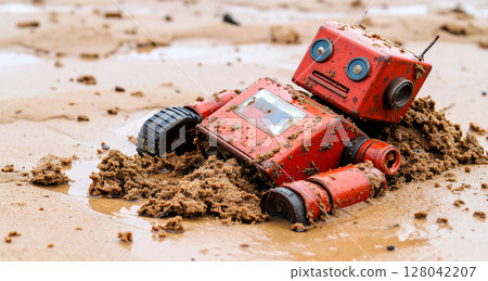 Small Abandoned Rusty Toy Robot in Post-Apocalyptic Wasteland - Generative Ai 128042207