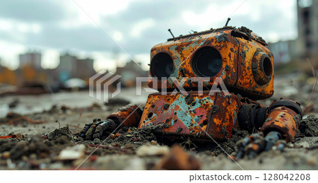 Small Abandoned Rusty Toy Robot in Post-Apocalyptic Wasteland - Generative Ai 128042208