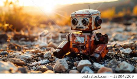 Small Abandoned Rusty Toy Robot in Post-Apocalyptic Wasteland - Generative Ai 128042209