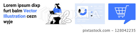 Woman with laptop, data analytics dashboard, shopping cart symbol. Ideal for e-commerce, digital business, analytics, online shopping, technology, marketing, website design. Landing page 128042235