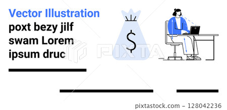 Business professional working on a laptop, large money bag symbol with dollar sign, and placeholder text. Ideal for financial services, business strategy, online education, marketing, e-commerce Business professional working on a laptop, large money bag symbol with dollar sign, and placeholder text. Ideal for financial services, business strategy, online education, marketing, e-commerce 128042236