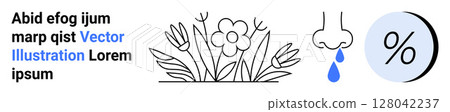 Flower allergens, sneezing nose with blue droplet, and percentage symbol. Ideal for medical info, health awareness, seasonal changes, allergy tips, environmental studies, educational content Flower allergens, sneezing nose with blue droplet, and percentage symbol. Ideal for medical info, health awareness, seasonal changes, allergy tips, environmental studies, educational content 128042237