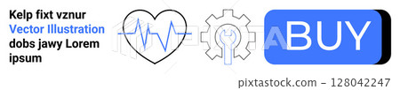 Blue heart with heartbeat line, gear with wrench, and blue BUY button. Ideal for healthcare, tech support, online shopping, digital solutions, ecommerce, maintenance services, website design. Landing 128042247