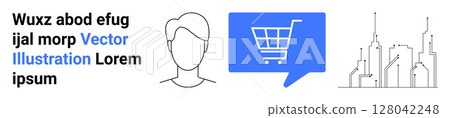 Text area, outline of a person, speech bubble with shopping cart, cityscape with buildings. Ideal for branding, e-commerce, technology, urban design, marketing, user interface, editorial use. Landing Text area, outline of a person, speech bubble with shopping cart, cityscape with buildings. Ideal for branding, e-commerce, technology, urban design, marketing, user interface, editorial use. Landing 128042248