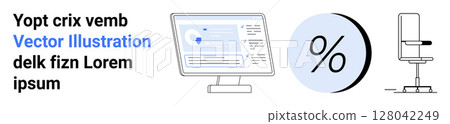 Computer monitor with dashboard, large percentage symbol, office chair. Ideal for finance, technology, office setup, business analytics, workspace organization, productivity tools, and ergonomic Computer monitor with dashboard, large percentage symbol, office chair. Ideal for finance, technology, office setup, business analytics, workspace organization, productivity tools, and ergonomic 128042249