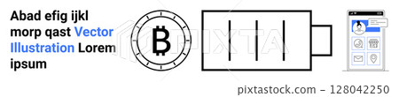 Bitcoin coin symbol, battery charging icon, mobile interface mockup. Ideal for fintech, cryptocurrency, blockchain, mobile apps, digital currency, power management, UXUI design. Landing page Bitcoin coin symbol, battery charging icon, mobile interface mockup. Ideal for fintech, cryptocurrency, blockchain, mobile apps, digital currency, power management, UXUI design. Landing page 128042250