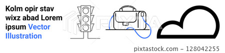 Traffic light, travel bag with blue strap, and cloud icon in minimalist style. Ideal for travel, transport, technology, web design, education, presentations, branding. Landing page 128042255
