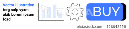 Bar chart, gear icon, and blue BUY button. Ideal for e-commerce, marketing, analytics, technology, online shopping, business strategy, and digital solutions. Landing page 128042256