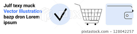 Shopping cart, checkmark in a blue circle, and a wallet on a white background. Ideal for e-commerce, shopping apps, financial services, online payment, and digital wallets. Banner for landing page Shopping cart, checkmark in a blue circle, and a wallet on a white background. Ideal for e-commerce, shopping apps, financial services, online payment, and digital wallets. Banner for landing page 128042257