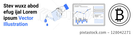 Watering can pouring water, financial graph with data, Bitcoin symbol, and placeholder text. Ideal for finance, investments, growth, cryptocurrency, data analysis, business strategy, innovation 128042271