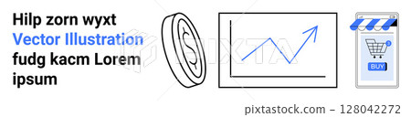 Coin with dollar sign, upward growth chart, smartphone with shopping cart and buy button. Ideal for business analytics, e-commerce, finance, marketing, startups, infographics. Landing page Coin with dollar sign, upward growth chart, smartphone with shopping cart and buy button. Ideal for business analytics, e-commerce, finance, marketing, startups, infographics. Landing page 128042272