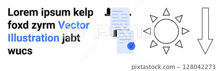 Blocks of placeholder text in black, stacked documents with blue highlights and checkmark, simple sun icon, and outlined downward arrow. Ideal for content creation, documentation, weather apps 128042273