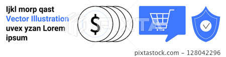 Coins stack with dollar symbol, blue shopping cart icon in chat bubble, shield with check mark. Ideal for online shopping, financial transactions, e-commerce, security, payment solutions, financial 128042296