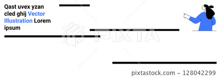 Woman pointing to text with black lines arranged creatively. Ideal for presentations, infographics, web design, educational materials, marketing, business reports, and advertising. Banner for landing 128042299
