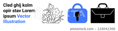 Business briefcase, padlock, and floral elements next to a sample text block. Ideal for business security, digital privacy, data protection, office themes, floral accents, web design, and educational 128042300