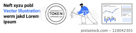TOKEN in circle, man mining with pickaxe, financial graph and bar chart. Ideal for cryptocurrency, blockchain, digital assets, data analysis, fintech, financial technology, investment tools. Landing 128042301