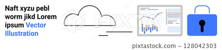 Cloud icon linked to a data analytics screen with graphs and a secure blue lock. Ideal for cybersecurity, data protection, cloud storage, data analysis, analytics dashboard, online security, secure 128042303
