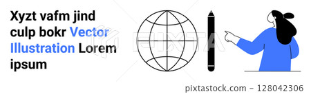 Woman pointing at text next to globe and pen. Ideal for e-learning, presentations, tech startups, online courses, webinars, marketing, educational tools. Banner for landing page 128042306