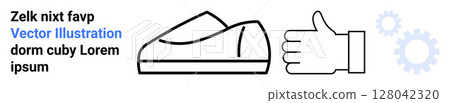 Shoe, thumbs-up symbol, two gears. Ideal for approval, quality, efficiency, endorsement, footwear mechanics teamwork Landing page 128042320