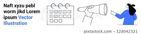 Checklist calendar with checkmarks person using a telescope woman pointing with text nearby. Ideal for project management, appointment scheduling, planning, future vision, organizational strategy 128042321